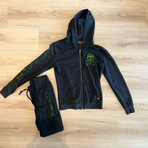Aviator Nation Dark Hoodie and Pants Set with Green Soul Cycle Skull Design